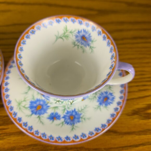 Aynsley England Teacups & Saucers Pair | Blue Floral Bone China | Vintage - Picture 3 of 15